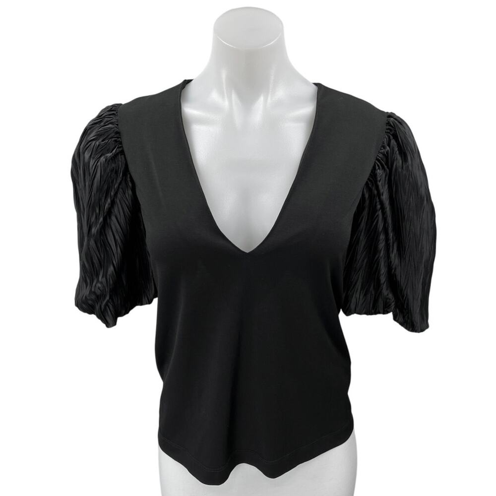 Zara Women's Black Short Puff Sleeve Plunge V-Neck Pullover Blouse Top Size M